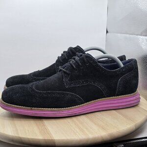 COLE HAAN Men's Lunargrand Leather Black Suede Wingtip Pink Oxford Shoes 10